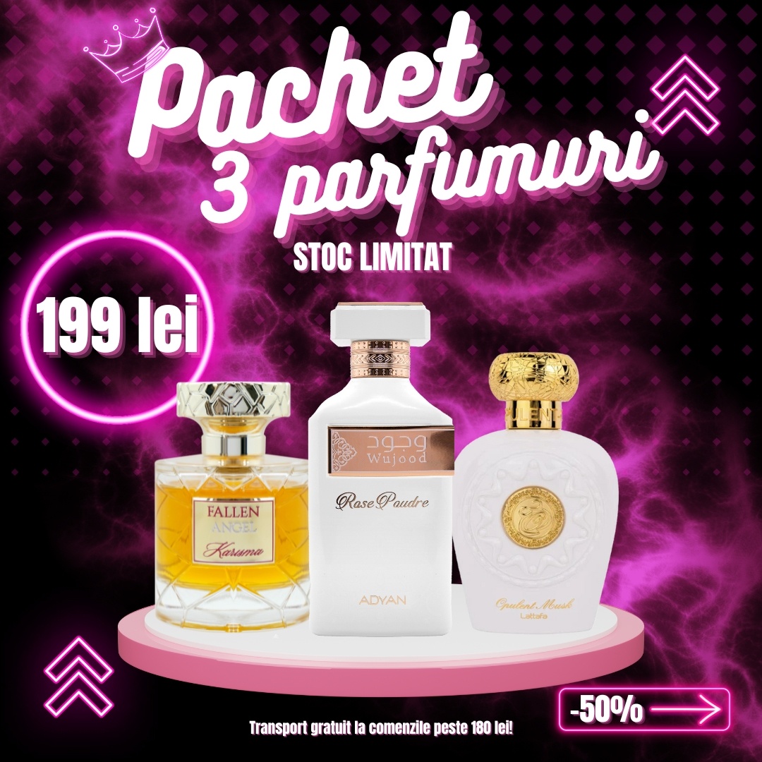 Pachet 3 parfumuri, Fallen Angel + Wujood Rose Poudre + Opulent Musk, 100 ml