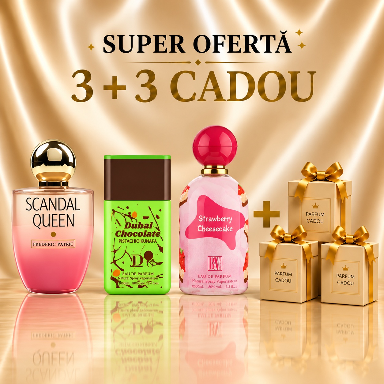 Scandal Queen + Dubai Chocolate Pistachio Kunafa + Strawberry Cheesecake + 3 Parfumuri Cadou, 100 ml