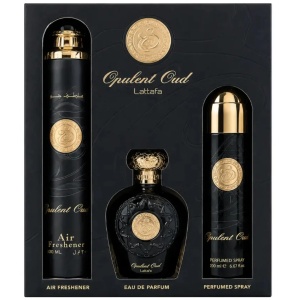 Set Cadou Lattafa Opulent Oud 3 Piese, Apa de parfum 100 ml + Spray Parfumat 200 ml + Air Freshener 300 ml