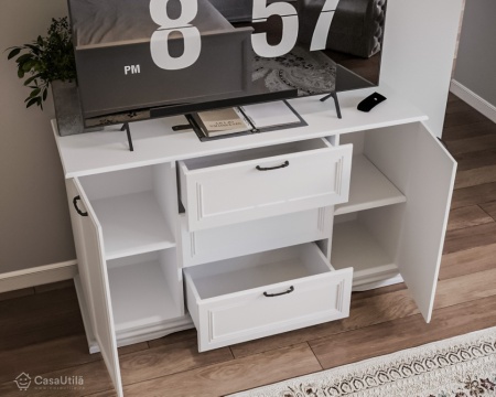 Comoda Valencia, 2 Usi 3 Sertare, MDF Vopsit Alb