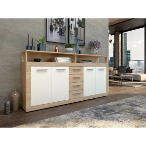 Comoda Luna XXL, 4 Usi si 4 Sertare, Sonoma Alb