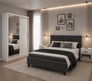 DORMITOR LORA, DRESSING 150 CM, PAT TAPITAT AVELOR GRI SOMIERA RABATABILA, 2 NOPTIERE ALBE