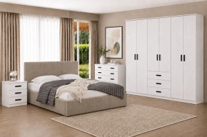 DORMITOR PREMIUM ALB, PAL 18 MM, DRESSING 6 USI SI 3 SERTARE 240 CM, PAT TAPITAT, 2 NOPTIERE SI COMODA 4 SERTARE