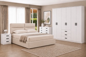 DORMITOR PREMIUM ALB, PAL 18 MM, DRESSING 6 USI SI 3 SERTARE 240 CM, PAT TAPITAT CU SOMIERA RABATABILA BEJ, NOPTIERE SI COMODA 4 SERTARE