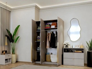 SET DORMITOR LIV CASMIR SOFT CLOSE, CU DULAP 3 USI SI PAT TAPITAT EURO BEJ, 160X200 CM - Img 3