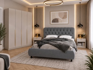 SET DORMITOR LIV CASMIR SOFT CLOSE, CU DULAP 4 USI SI PAT TAPITAT EURO GRI 160X200 CM