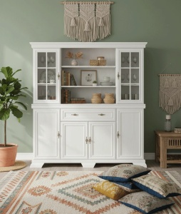 BUFET CU VITRINA PENTRU LIVING/BUCATARIE KORA, ALB ANTICHIZAT