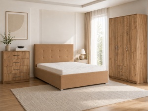 Dormitor Dalia, Dulap 3 Usi 2 Sertare, Pat Tapitat crem, Comoda 2 Sertare