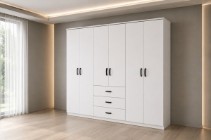 DORMITOR PREMIUM ALB, PAL 18 MM, DRESSING 6 USI SI 3 SERATRE 240 CM, PAT TAPITAT, 2 NOPTIERE SI COMODA 4 SERTARE - Img 2