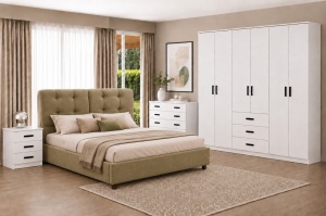 DORMITOR PREMIUM ALB, PAL 18 MM, DRESSING 6 USI SI 3 SERTARE 240 CM, PAT TAPITAT CU SOMIERA RABATABILA BEJ, NOPTIERE SI COMODA 4 SERTARE