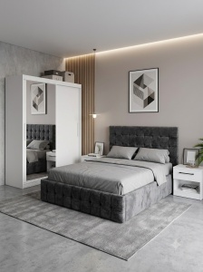 DORMITOR ROYAL, DRESSING 150 CM, PAT TAPITAT GRI DENIS, 2 NOPTIERE ALBE
