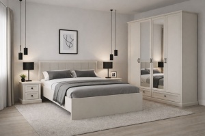 DORMITOR VERONA, DULAP 4 USI, PAT TAPITAT CU SOMIERA RABATABILA, 2 NOPTIERE, CASMIR
