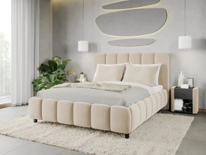 SET DORMITOR LIV CASMIR SOFT CLOSE, CU DULAP 3 USI SI PAT TAPITAT NAPOLI BEJ 160X200 CM - Img 15