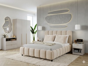 SET DORMITOR LIV CASMIR SOFT CLOSE, CU DULAP 3 USI SI PAT TAPITAT NAPOLI BEJ 160X200 CM