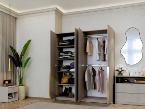 SET DORMITOR LIV CASMIR SOFT CLOSE, CU DULAP 4 USI SI PAT TAPITAT EURO BEJ, 160X200 CM - Img 3