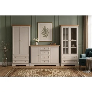 Living Alvera 3 piese, 305 x 48 x 193 cm, cashmere MDF si PAL, dulap, vitrina si comoda 127 cm