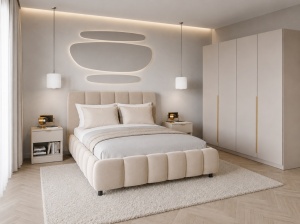 SET DORMITOR LIV CASMIR SOFT CLOSE, CU DULAP 4 USI SI PAT TAPITAT NAPOLI BEJ 160X200 CM