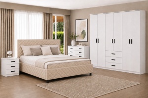 DORMITOR PREMIUM ALB, PAL 18 MM, DRESSING 6 USI SI 3 SERTARE 240 CM, PAT TAPITAT CU SOMIERA RABATABILA, 2 NOPTIERE SI COMODA 4 SERTARE