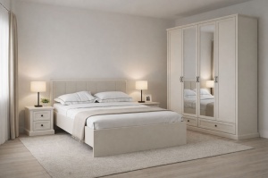 DORMITOR VERONA, DULAP 4 USI, PAT TAPITAT CU SOMIERA RABATABILA, 2 NOPTIERE, CASMIR - Img 2