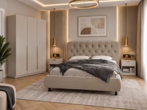 SET DORMITOR LIV CASMIR SOFT CLOSE, CU DULAP 3 USI SI PAT TAPITAT EURO BEJ, 160X200 CM