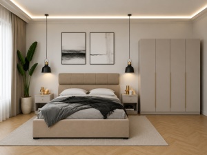 SET DORMITOR LIV CASMIR SOFT CLOSE, CU DULAP 4 USI SI PAT TAPITAT GALACTICO BEJ 160X200 CM