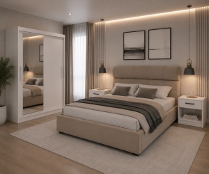 DORMITOR LORA, DRESSING 150 CM, PAT TAPITAT GALACTICO BEJ SOMIERA RABATABILA, 2 NOPTIERE ALBE