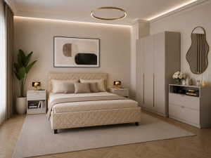 SET DORMITOR LIV CASMIR SOFT CLOSE, CU DULAP 3 USI SI PAT TAPITAT AVELOR BEJ 160X200 CM