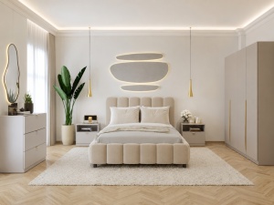 SET DORMITOR LIV CASMIR SOFT CLOSE, CU DULAP 3 USI SI PAT TAPITAT NAPOLI BEJ 160X200 CM - Img 13