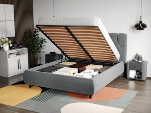 SET DORMITOR LIV CASMIR SOFT CLOSE, CU DULAP 4 USI SI PAT TAPITAT EURO GRI 160X200 CM - Img 6
