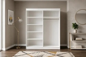 DORMITOR LORA, DRESSING 150 CM, PAT TAPITAT AVELOR BEJ SOMIERA RABATABILA, 2 NOPTIERE ALBE - Img 4