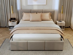 SET DORMITOR LIV CASMIR SOFT CLOSE, CU DULAP 3 USI SI PAT TAPITAT LIV 160X200 CM - Img 5