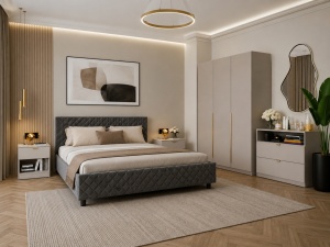 SET DORMITOR LIV CASMIR SOFT CLOSE, CU DULAP 3 USI SI PAT TAPITAT AVELOR GRI 160X200 CM