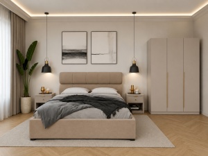SET DORMITOR LIV CASMIR SOFT CLOSE, CU DULAP 3 USI SI PAT TAPITAT GALACTICO BEJ 160X200 CM