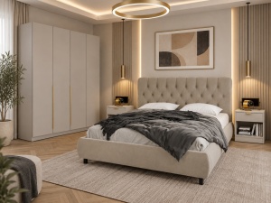 SET DORMITOR LIV CASMIR SOFT CLOSE, CU DULAP 4 USI SI PAT TAPITAT EURO BEJ, 160X200 CM
