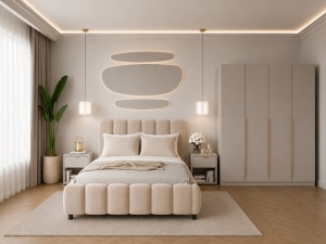 SET DORMITOR LIV CASMIR SOFT CLOSE, CU DULAP 4 USI SI PAT TAPITAT NAPOLI BEJ 160X200 CM - Img 12