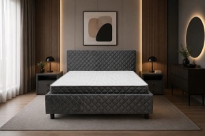 Dormitor AVELOR GRI, Dressing 240 Casmir, Pat Tapitat Somiera Rabatabila, 2 Noptiere - Img 5