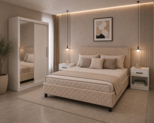 DORMITOR LORA, DRESSING 150 CM, PAT TAPITAT AVELOR BEJ SOMIERA RABATABILA, 2 NOPTIERE ALBE