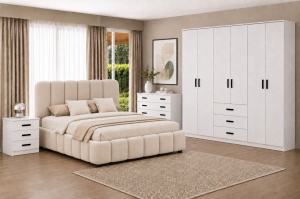 DORMITOR PREMIUM ALB, PAL 18 MM, DRESSING 6 USI SI 3 SERTARE 240 CM, PAT TAPITAT CU SOMIERA RABATABILA BEJ, NOPTIERE SI COMODA 4 SERTARE