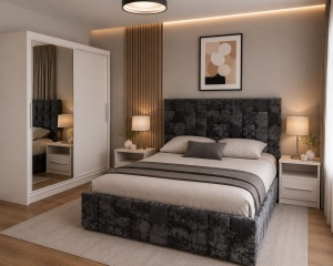 DORMITOR ROYAL, DRESSING 150 CM, PAT TAPITAT GRI, 2 NOPTIERE CASMIR