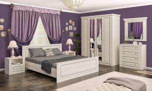 Mobila dormitor WHITE NEW, pat 160 x 200 cm, dulap, comoda, 2 noptiere, Pin Argintiu