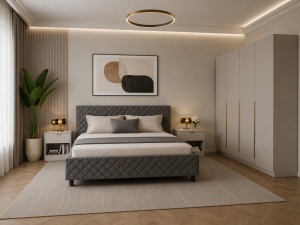 SET DORMITOR LIV CASMIR SOFT CLOSE, CU DULAP 4 USI SI PAT TAPITAT AVELOR GRI 160X200 CM