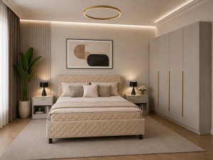 SET DORMITOR LIV CASMIR SOFT CLOSE, CU DULAP 4 USI SI PAT TAPITAT AVELOR BEJ 160X200 CM