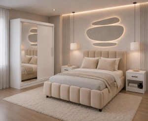 DORMITOR LORA, DRESSING 150 CM, PAT TAPITAT NAPOLI BEJ SOMIERA RABATABILA, 2 NOPTIERE ALBE