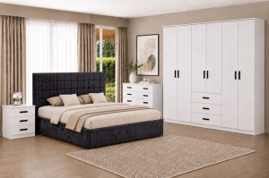 DORMITOR PREMIUM ALB, PAL 18 MM, DRESSING 6 USI SI 3 SERTARE 240 CM, PAT TAPITAT, 2 NOPTIERE SI COMODA 4 SERTARE