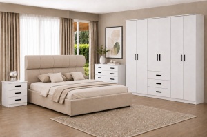 DORMITOR PREMIUM ALB, PAL 18 MM, DRESSING 6 USI SI 3 SERTARE 240 CM, PAT TAPITAT CU SOMIERA RABATABILA BEJ, NOPTIERE SI COMODA 4 SERTARE