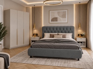 SET DORMITOR LIV CASMIR SOFT CLOSE, CU DULAP 3 USI SI PAT TAPITAT EURO GRI 160X200 CM
