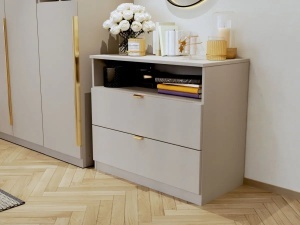SET DORMITOR LIV CASMIR SOFT CLOSE, CU DULAP 3 USI SI PAT TAPITAT GALACTICO BEJ 160X200 CM - Img 7