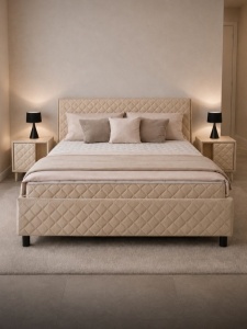DORMITOR LORA, DRESSING 150 CM, PAT TAPITAT AVELOR BEJ SOMIERA RABATABILA, 2 NOPTIERE ALBE - Img 5