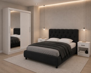 DORMITOR LORA, DRESSING 150 CM, PAT TAPITAT EURO GRI, SOMIERA RABATABILA, 2 NOPTIERE ALBE
