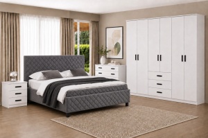 DORMITOR PREMIUM ALB, PAL 18 MM, DRESSING 6 USI SI 3 SERTARE 240 CM, PAT TAPITAT CU SOMIERA RABATABILA GRI, NOPTIERE SI COMODA 4 SERTARE